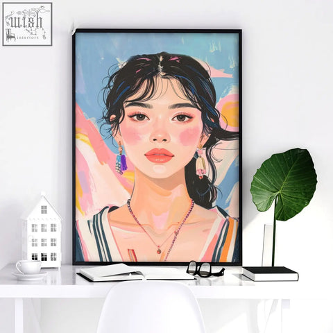 A vibrant large framed digital wall art print of a woman with dark hair and colorful earrings in boho style