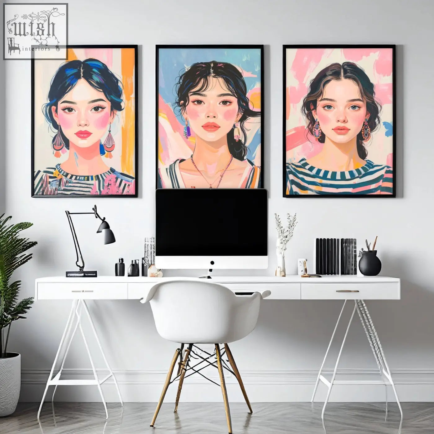 White eames style chair with wooden legs next to large framed pictures of boho women wall art prints set of 3