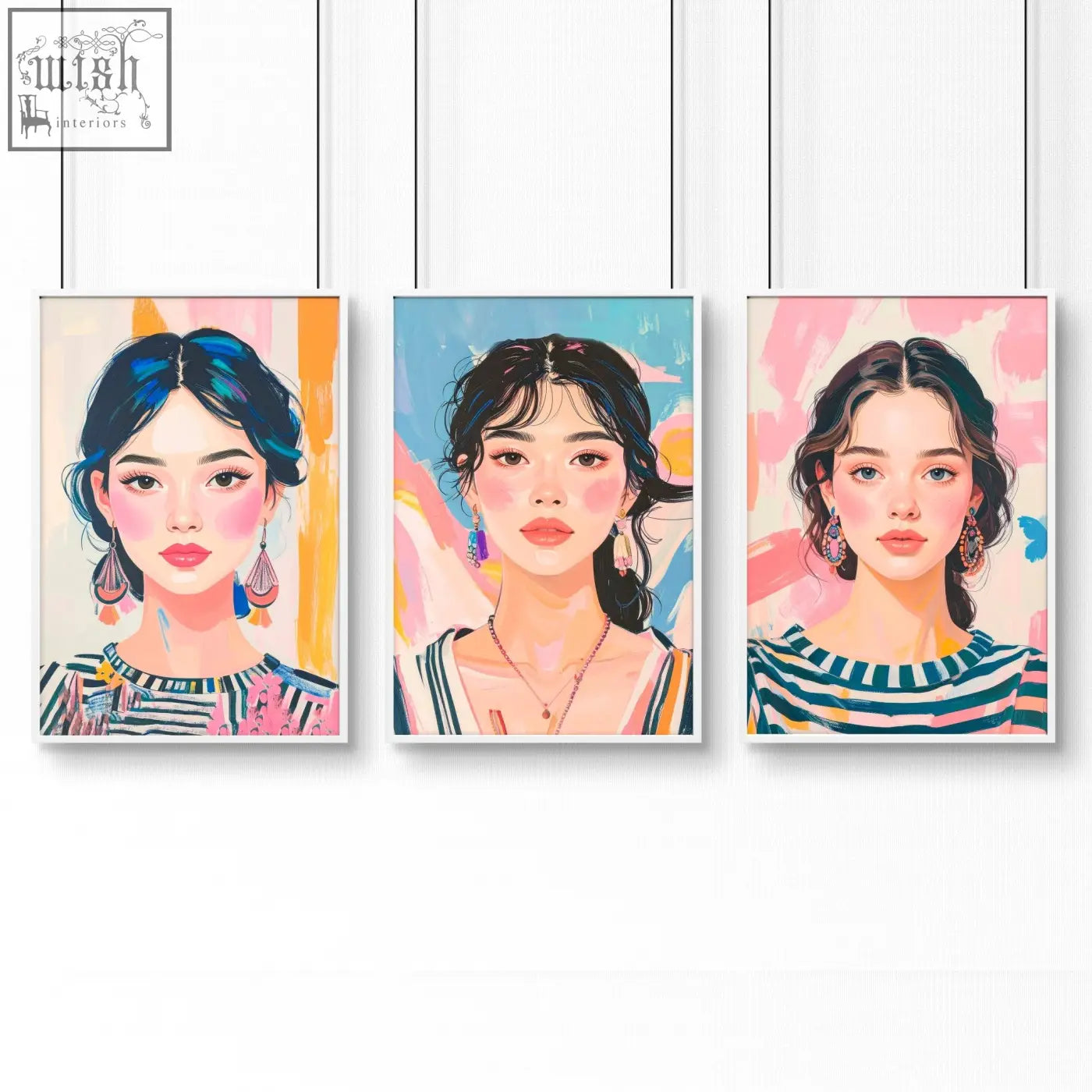Three large framed pictures of boho women wall art prints with vibrant colors and distinct hairstyles