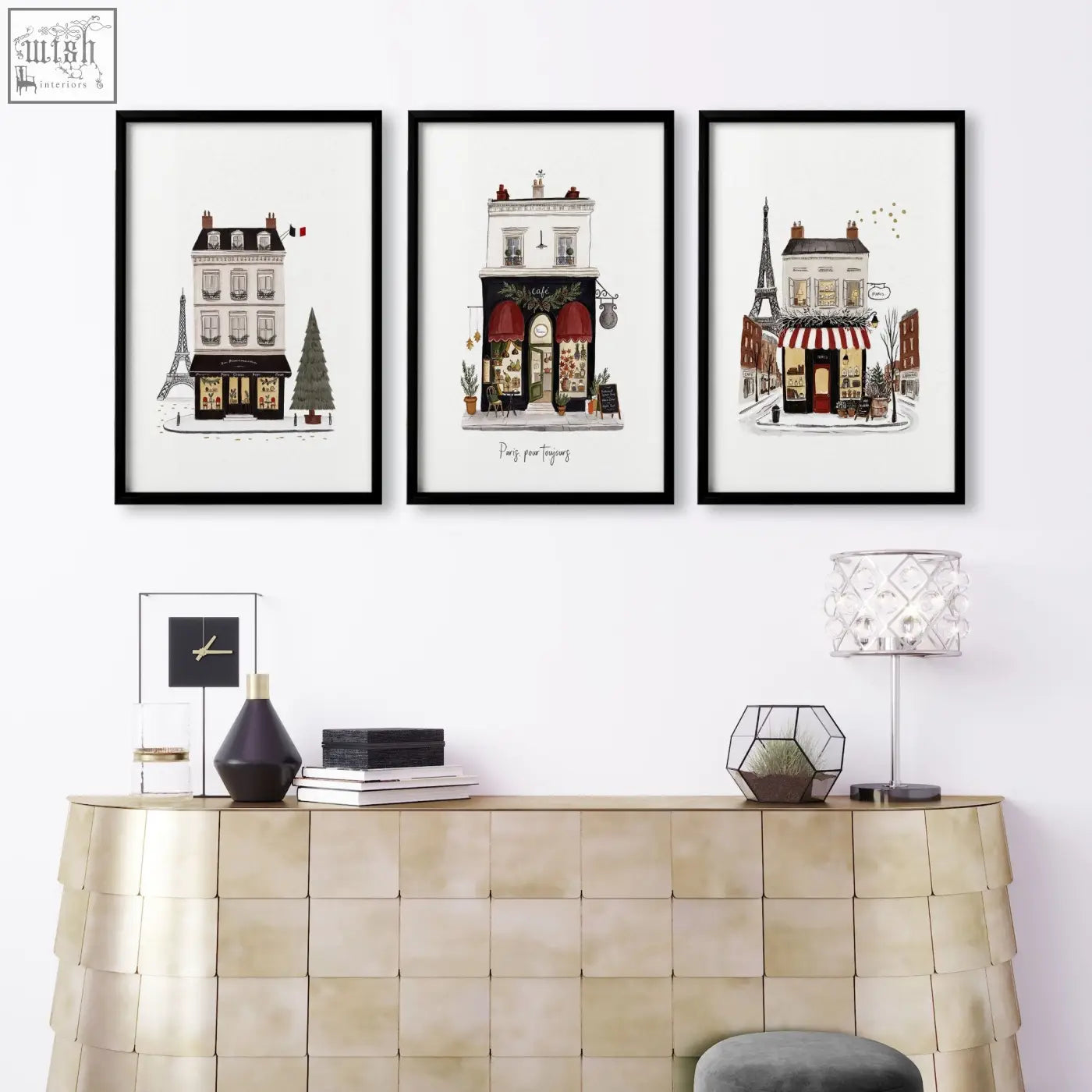 Three large framed wall pictures with paris boutique street scenes in black frames for living room decor