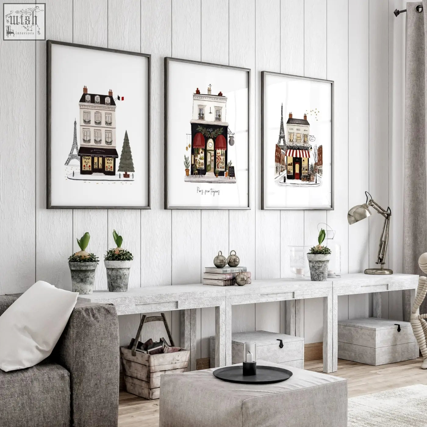 Three large framed wall pictures for living room showing parisian boutique street scenes in beige brown black and red tones