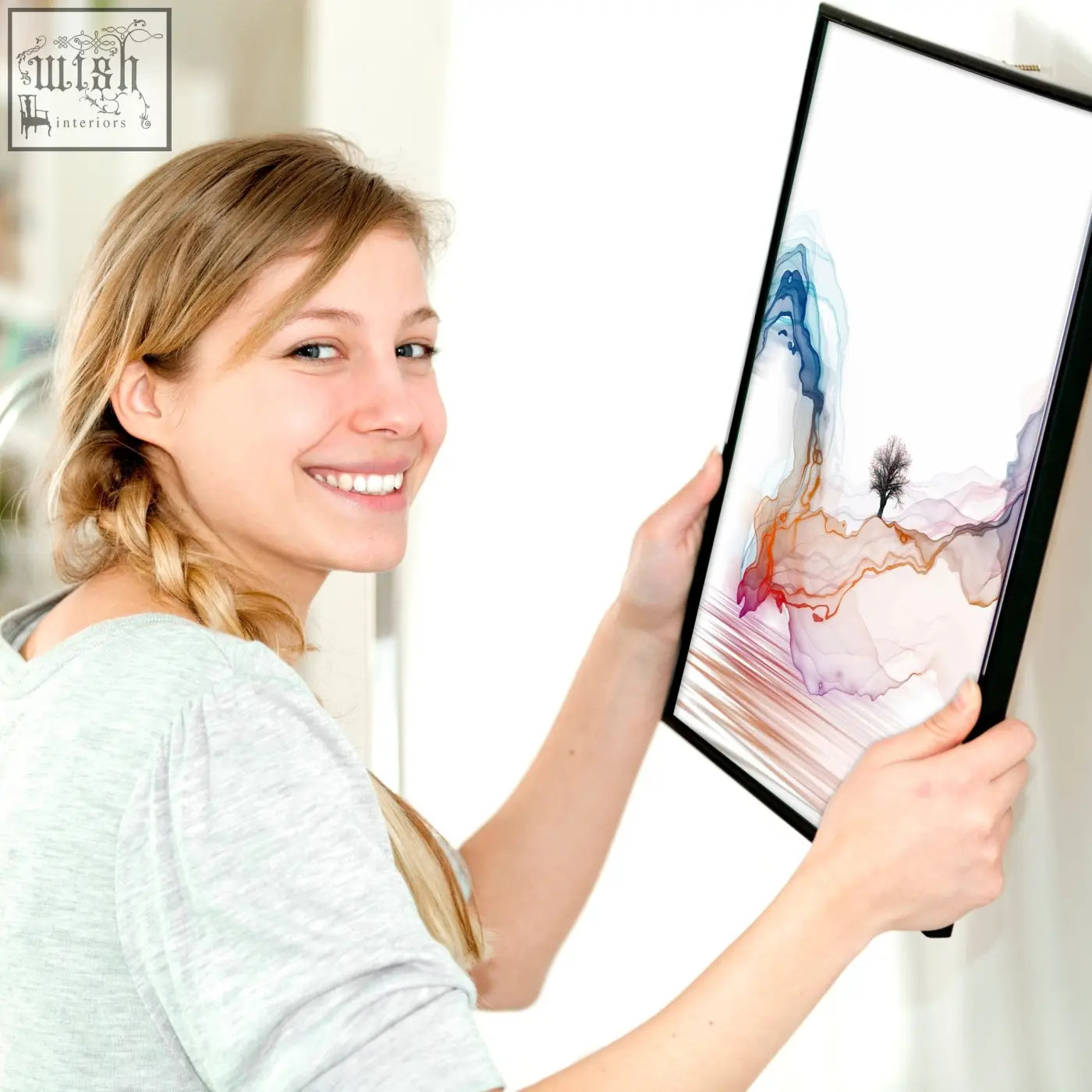 Large black frames for pictures with clear acrylic perspex featuring abstract blue orange ink and tree silhouette design