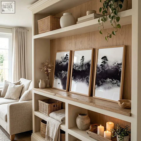 Three framed black-and-white japanese wall art prints with misty ink landscapes in minimalist wooden frames on rustic shelf