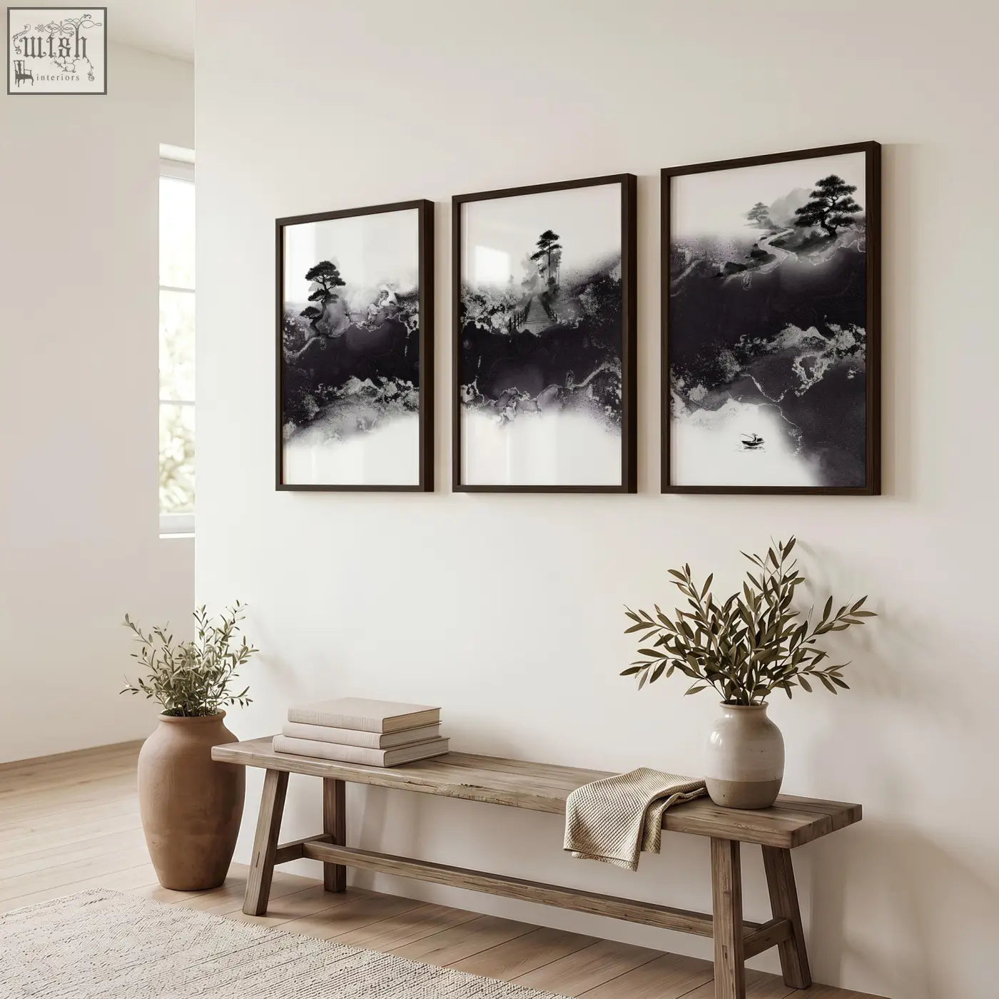 Three framed black and white japanese wall art prints with misty ink landscape featuring bonsai and bridge in dark wooden frames