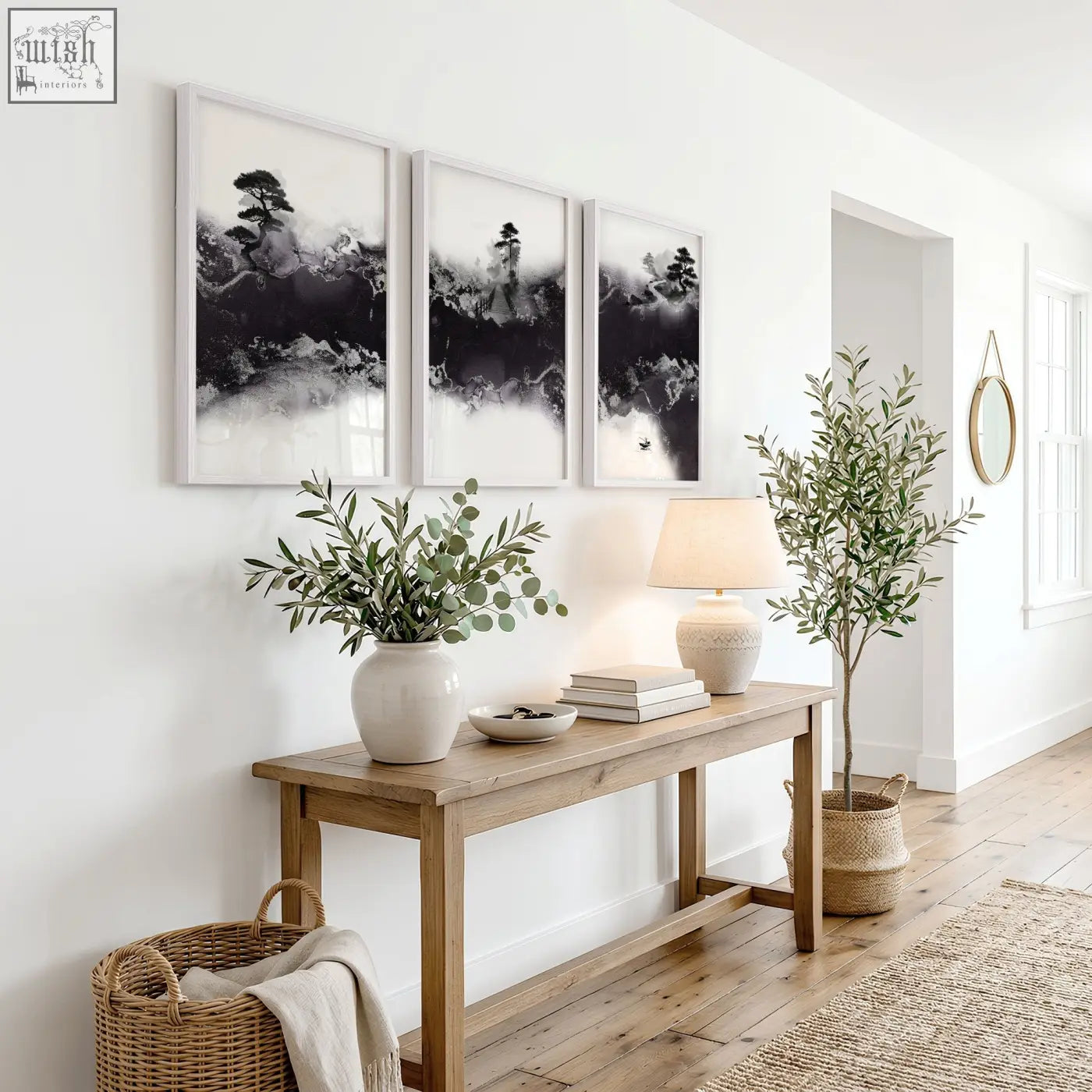 Large japanese wall art set of 3 with misty ink landscape and white ceramic vase holding eucalyptus branches