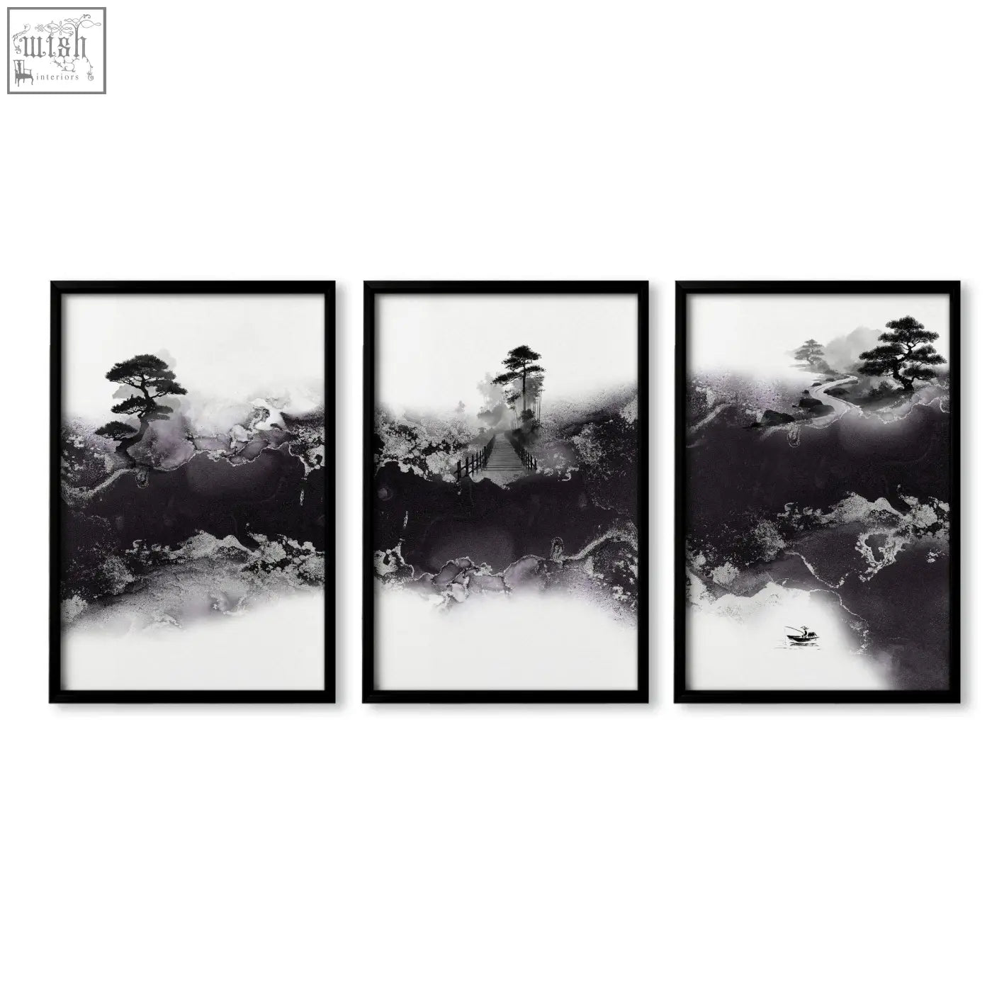 Set of three large black-framed japanese wall art prints featuring misty ink landscape with bonsai and bridge design