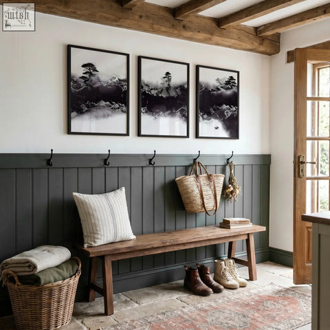 Rustic wooden bench with striped pillow and woven baskets beside large japanese wall art misty ink landscape set of 3