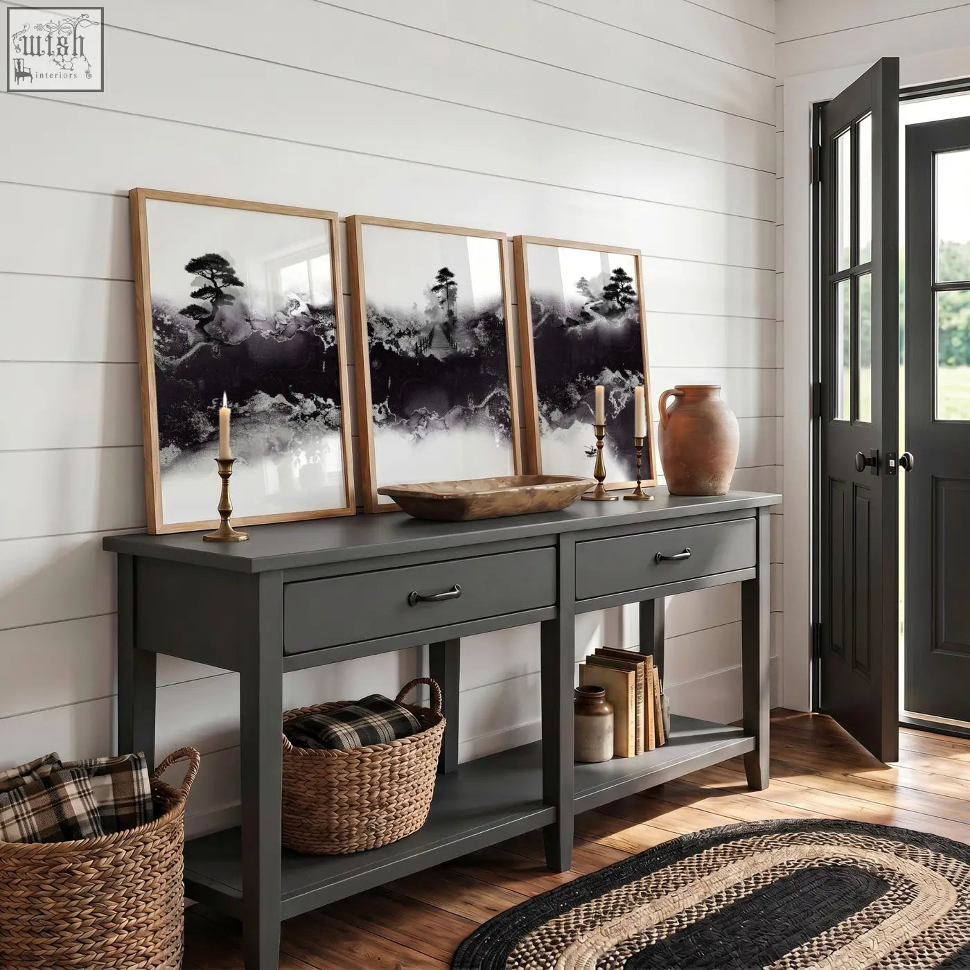 Gray console table with rustic wooden top and black metal handles paired with large japanese wall art set of 3