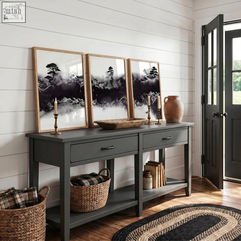 Gray console table with rustic wooden top and black metal handles paired with large japanese wall art set of 3