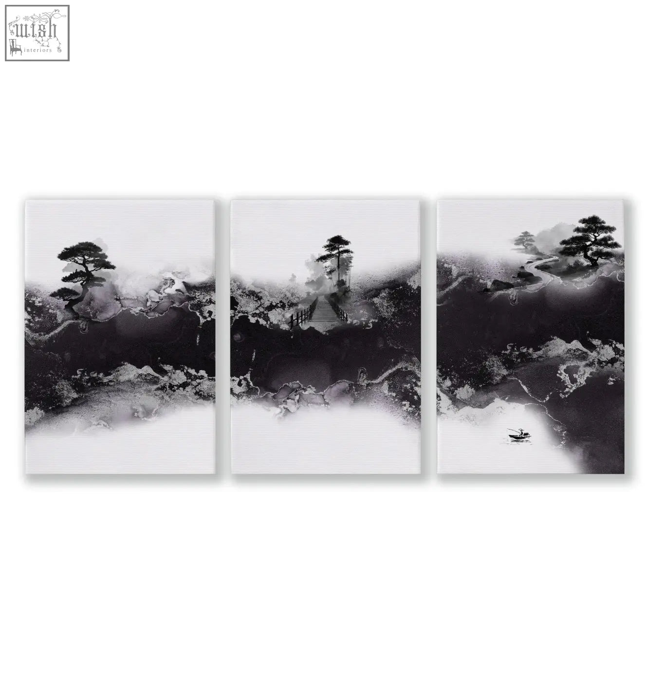 Black and white japanese wall art set of 3 featuring misty mountains pine trees bonsai wooden bridge and small boat