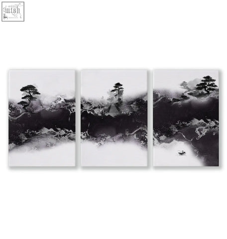 Black and white japanese wall art set of 3 featuring misty mountains pine trees bonsai wooden bridge and small boat