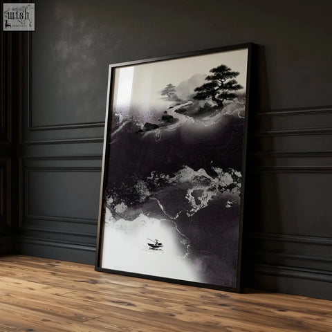 Black-framed minimalist japanese wall art of misty ink landscape with solitary boat pine trees and mountains in set of 3