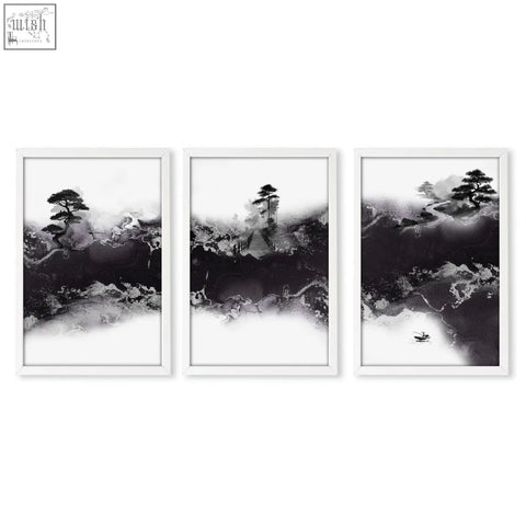 Set of three framed black and white ink wash landscape prints featuring misty japanese wall art with bonsai and bridge