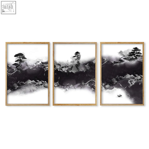 Set of three framed black and white ink wash japanese wall art prints with minimalist wooden frames and landscape designs