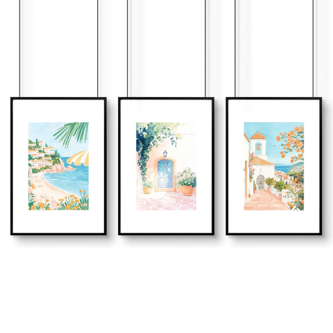 Large Modern Pictures For Living Room | Set of 3 Beach Decor Wall art Prints