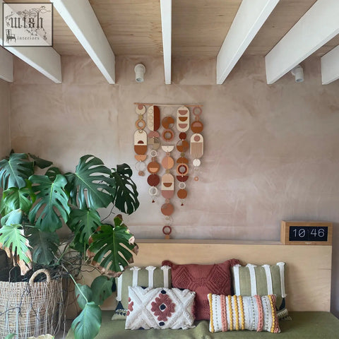 Large modern wall art with hand painted wooden shapes in earthy tones featuring geometric patterns for minimal decor