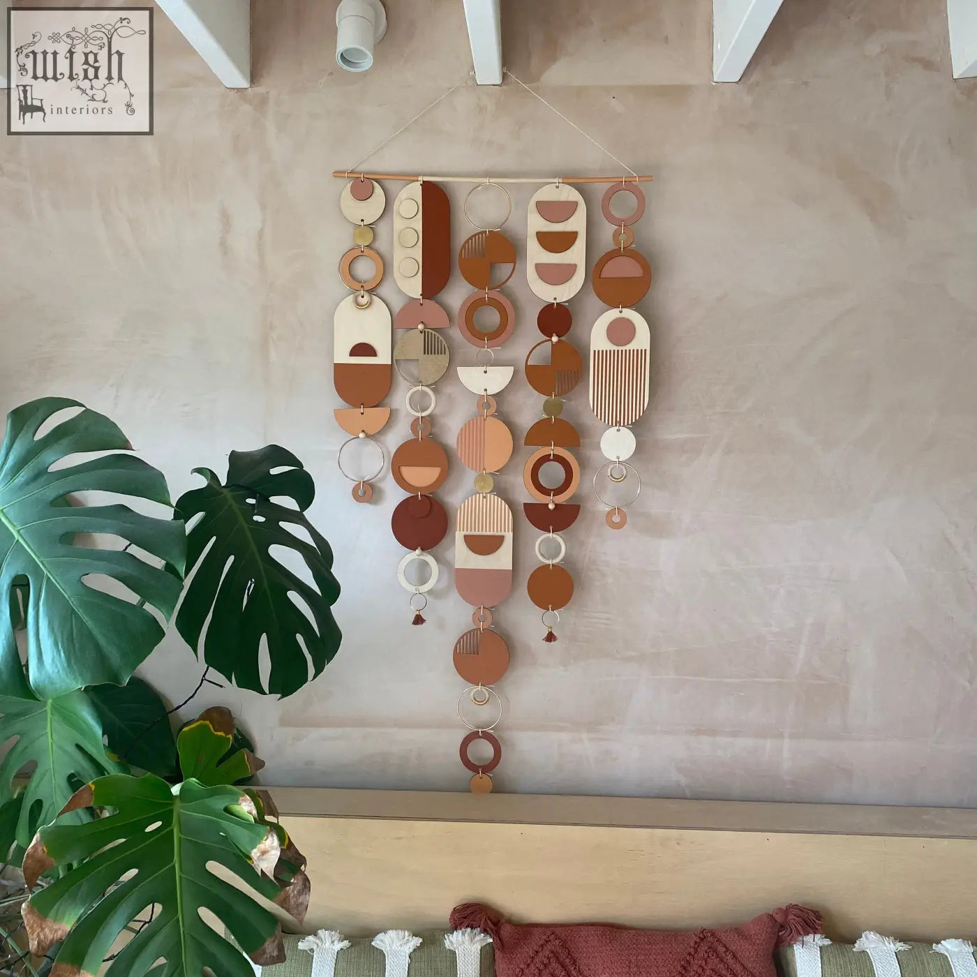Large modern wall art with geometric hand painted shapes in warm terracotta beige and cream perfect for minimal decor