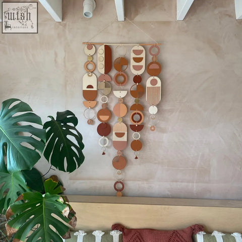 Large modern wall art with geometric hand painted shapes in warm terracotta beige and cream perfect for minimal decor