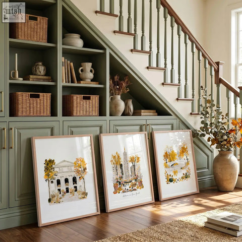 Three framed ochre watercolor autumn scenes in light wood frames perfect as york wall art set of 3
