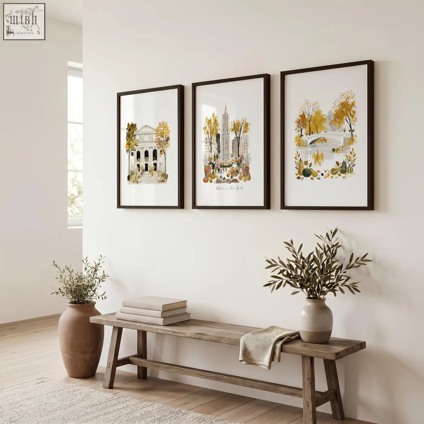 Three framed large new york wall art prints with ochre watercolor autumn manhattan scenes in sleek black frames