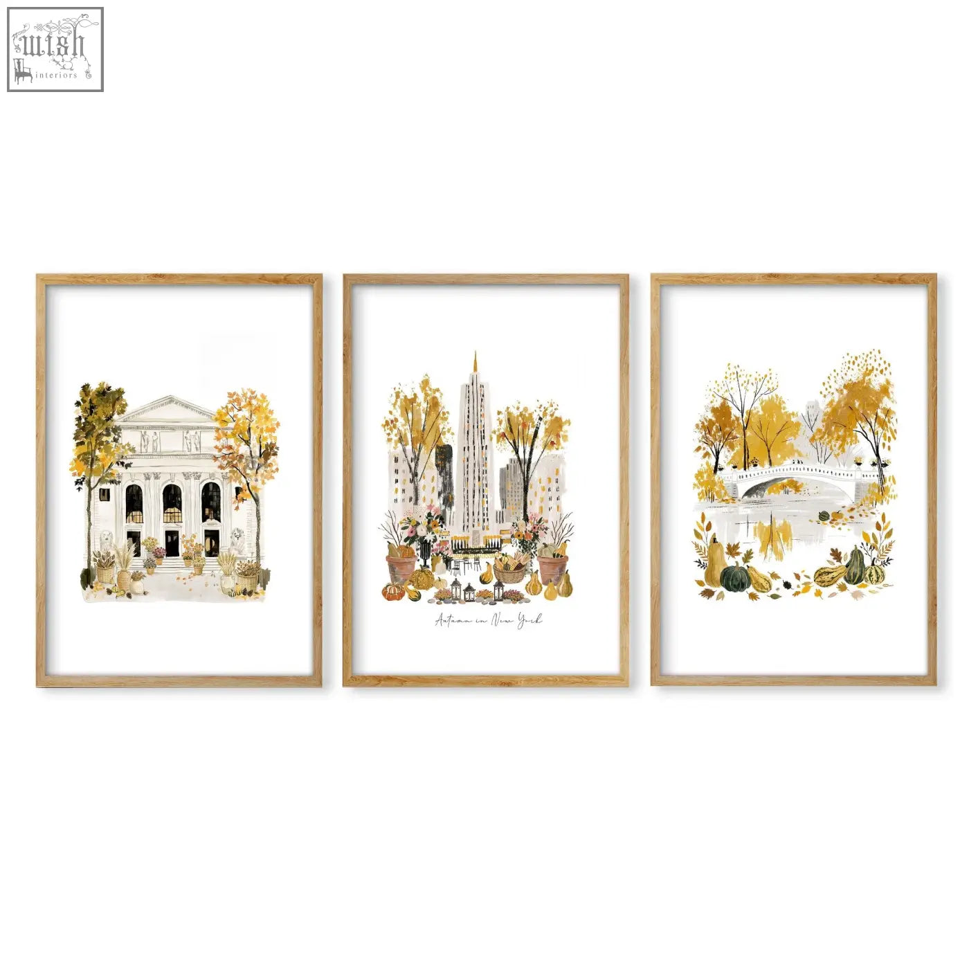Set of three framed autumn york wall art prints in light wood frames with ochre watercolor manhattan scenes