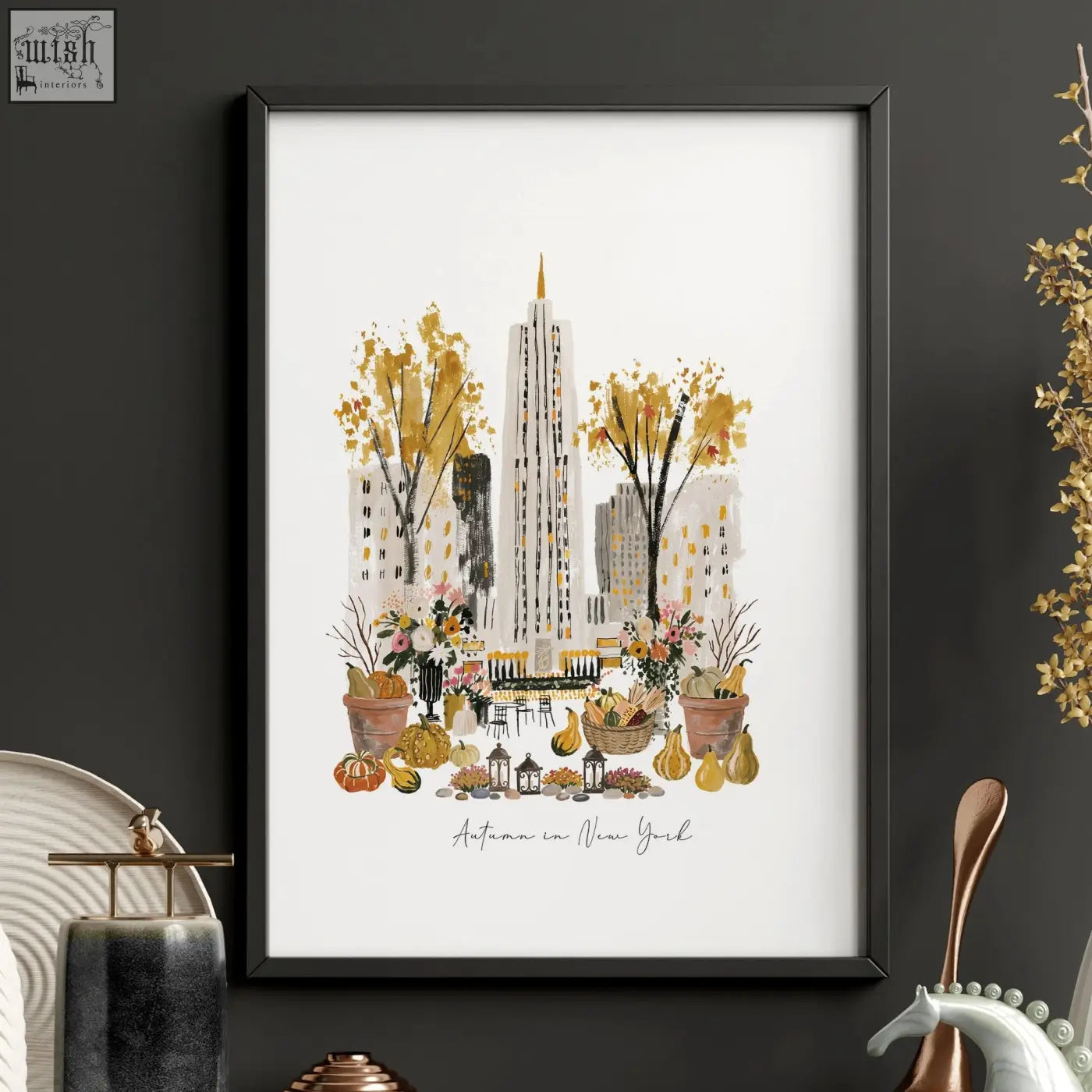 Black-framed york wall art illustration with golden trees pumpkins and city buildings autumn in new york style