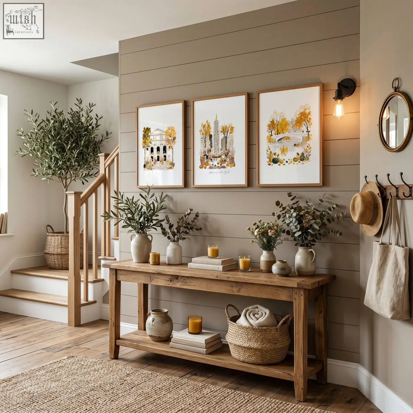 Rustic wooden console table with natural finish and shelves styled with ceramic vases and autumn in york wall art