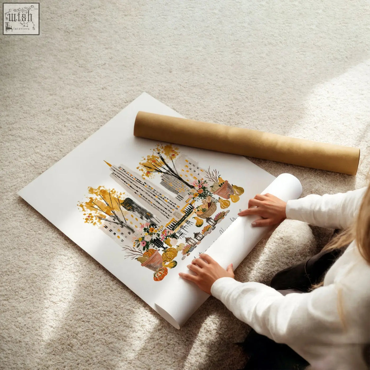 A rolled up large new york wall art poster with vibrant ochre autumn trees and floral york wall design on white paper