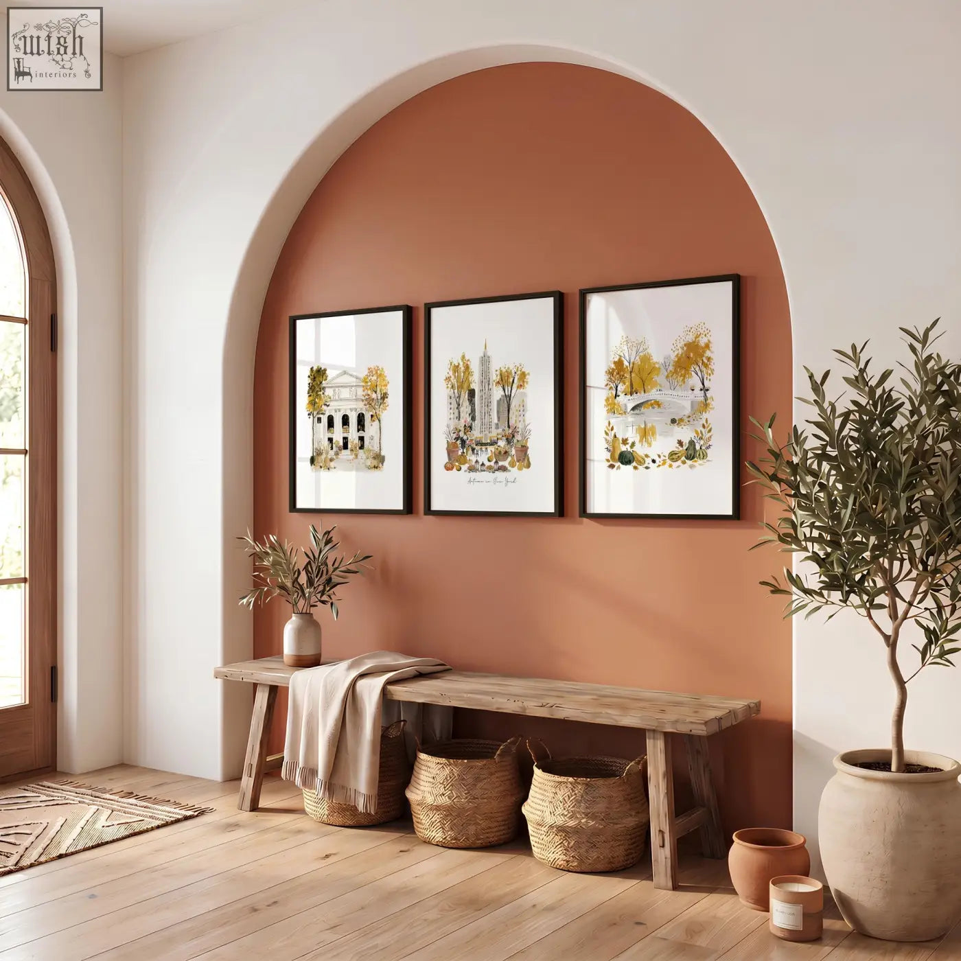 Three framed ochre botanical illustrations of manhattan scenes hang as york wall art above a rustic wooden bench