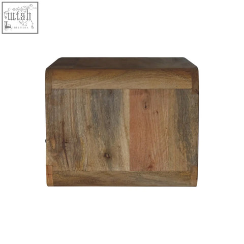 Large oak-ish curve upper slot floating bedside table made of reclaimed mango wood with rustic brown and gray tones