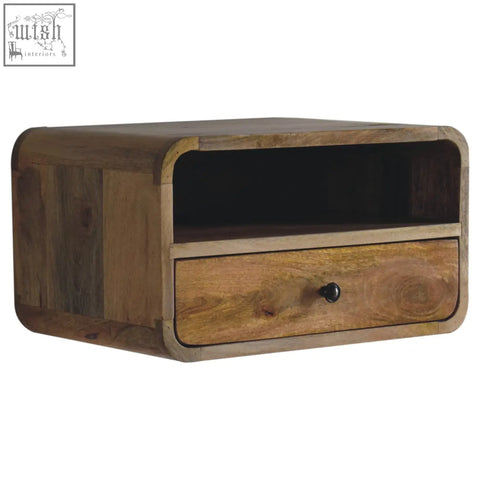Rustic large oak-ish curve upper slot floating bedside table with mango wood grain and black round knob drawer