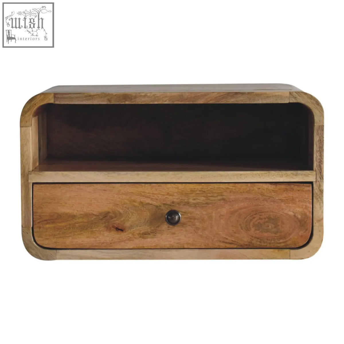 Large oak-ish curve upper slot floating bedside table made of mango wood with a rustic drawer and dark metal knob