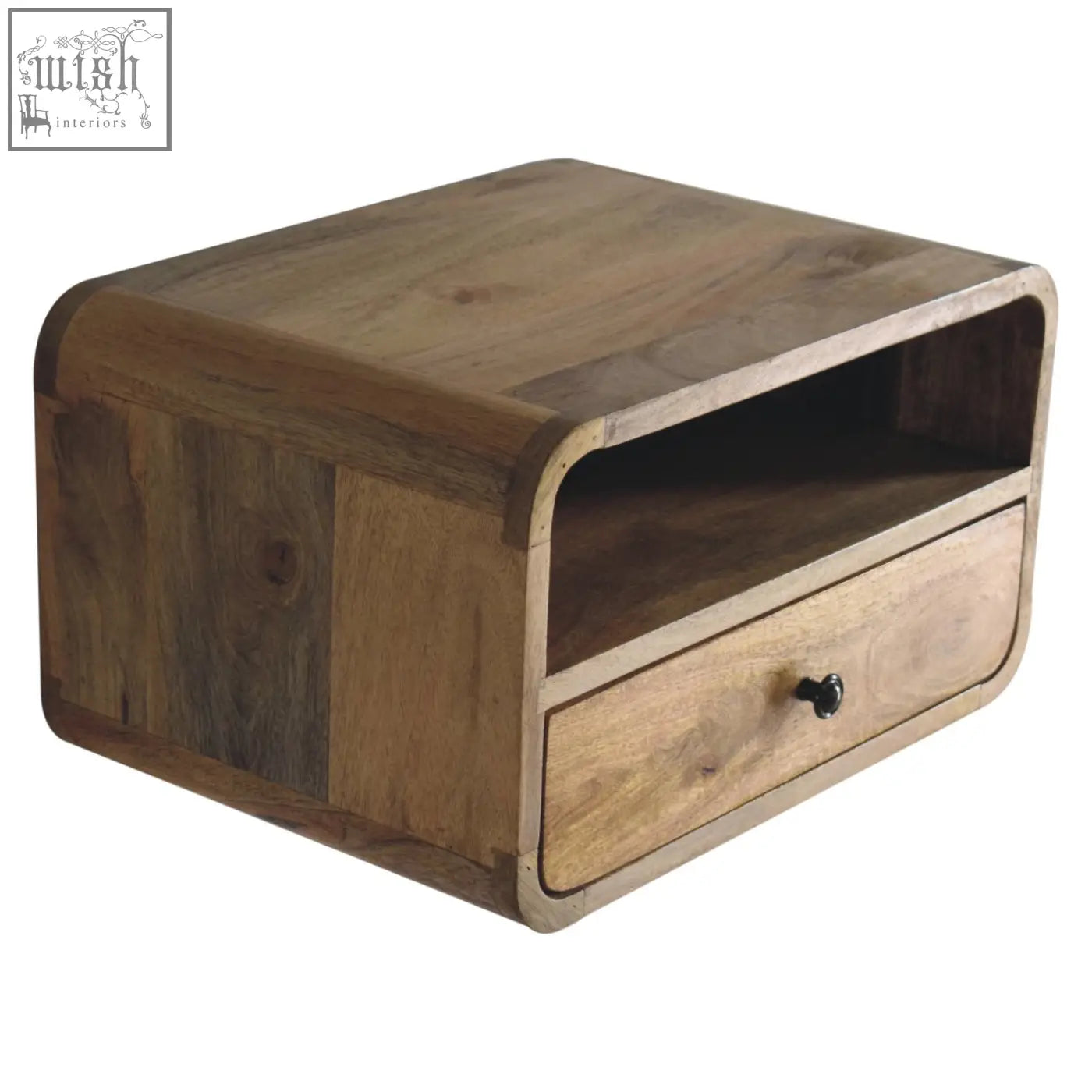 A large mango wood floating bedside table with a curved top upper slot drawer and open shelf in oak finish