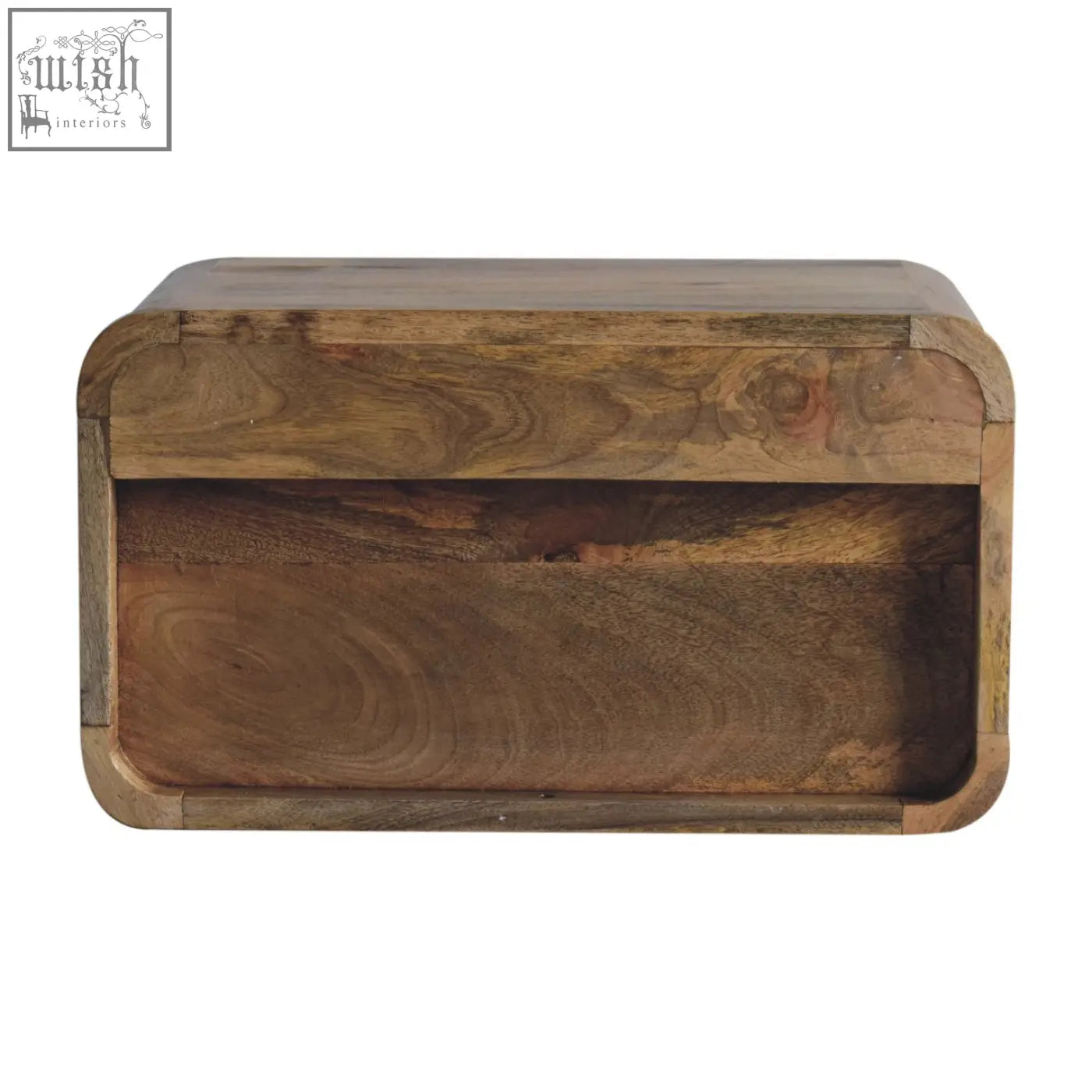 Large oak-ish curve upper slot floating bedside table in mango wood with rustic medium-brown bread box finish
