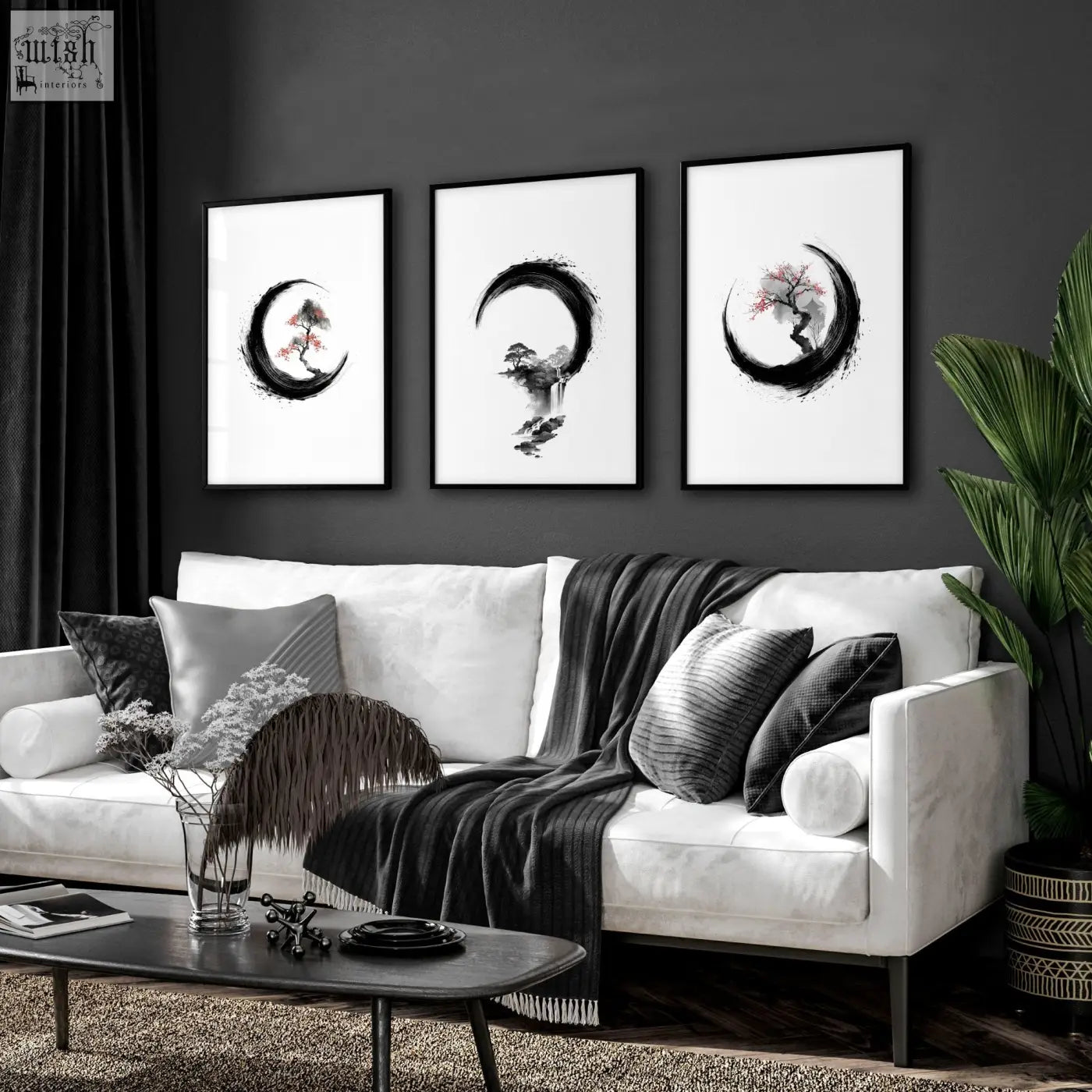 Three large black and white ink art prints with minimalist japandi tree designs in black frames for living room wall decor