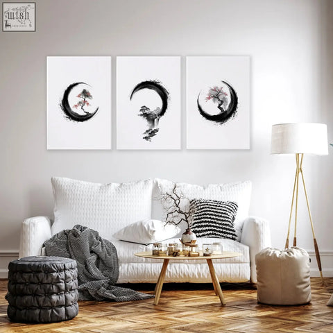 Three minimalist black and white large ink art prints of trees in crescent moons for living room wall decor