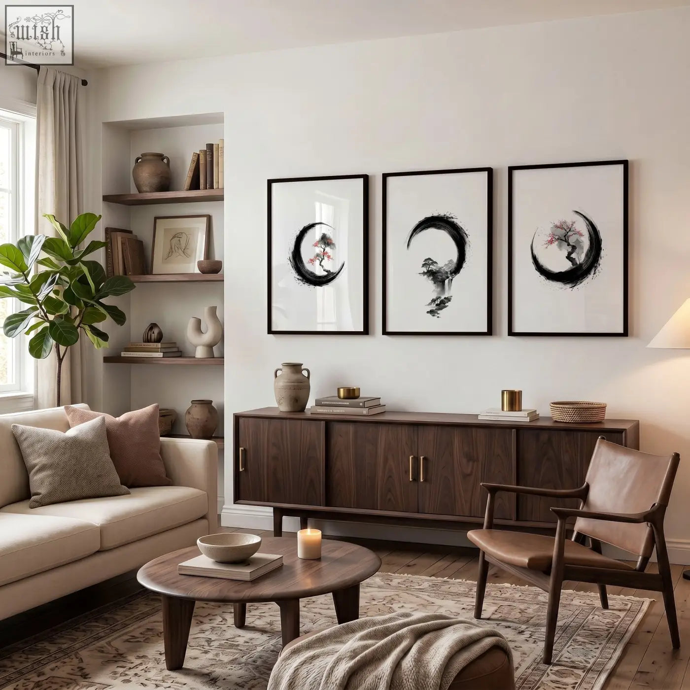 Three framed large black and white ink art prints with minimalist tree designs for living room wall decor