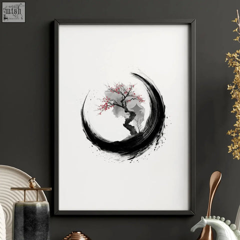 Framed large black-and-white ink wall art print with blossoming tree and pink petals for living room decor set of 3
