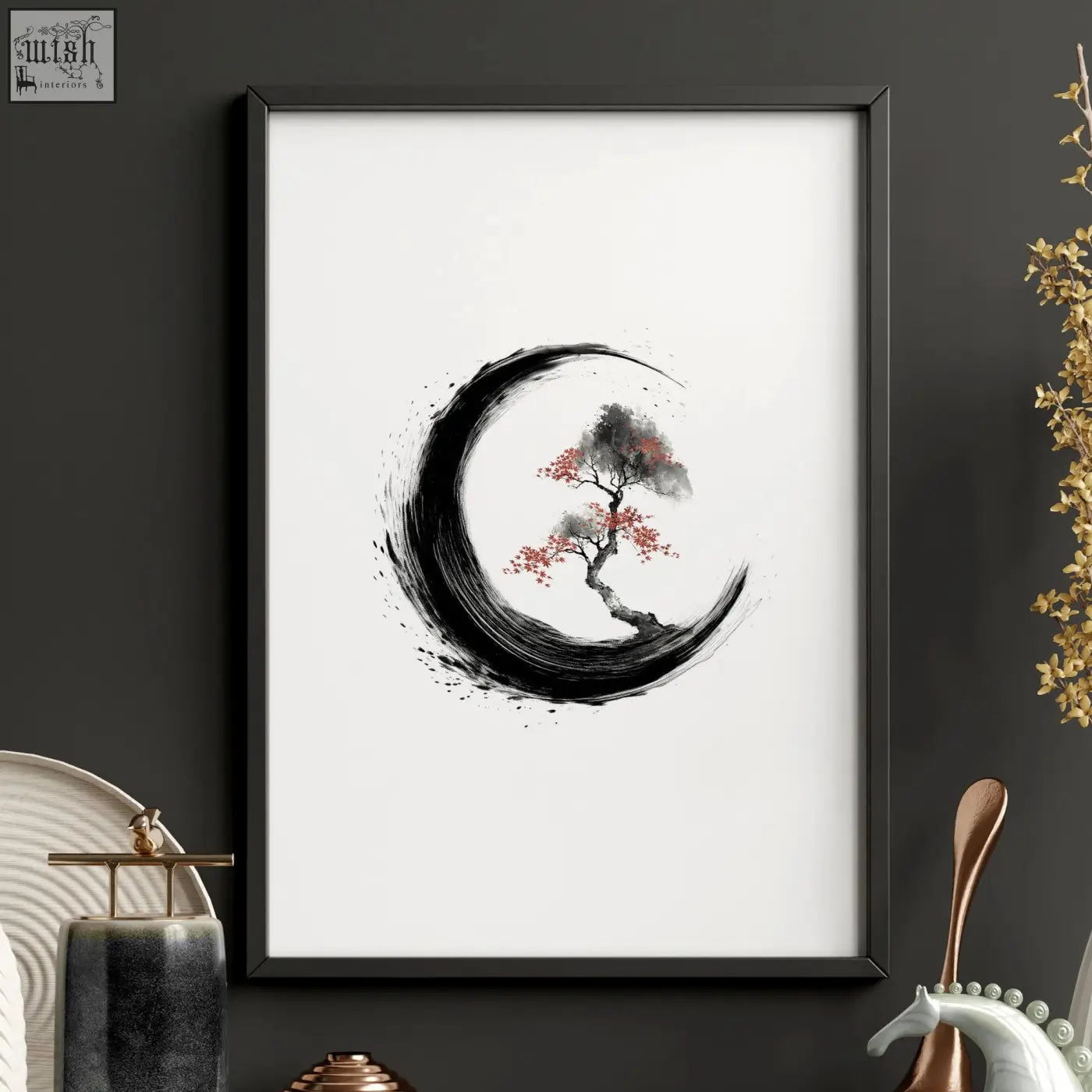 Large painting art print for living room featuring black-framed minimalist tree with pink blossoms and ink-wash crescent moon