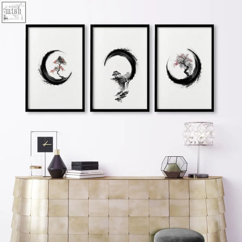 Three black-framed minimalist ink wash tree art prints in crescent shapes large painting for living room decor