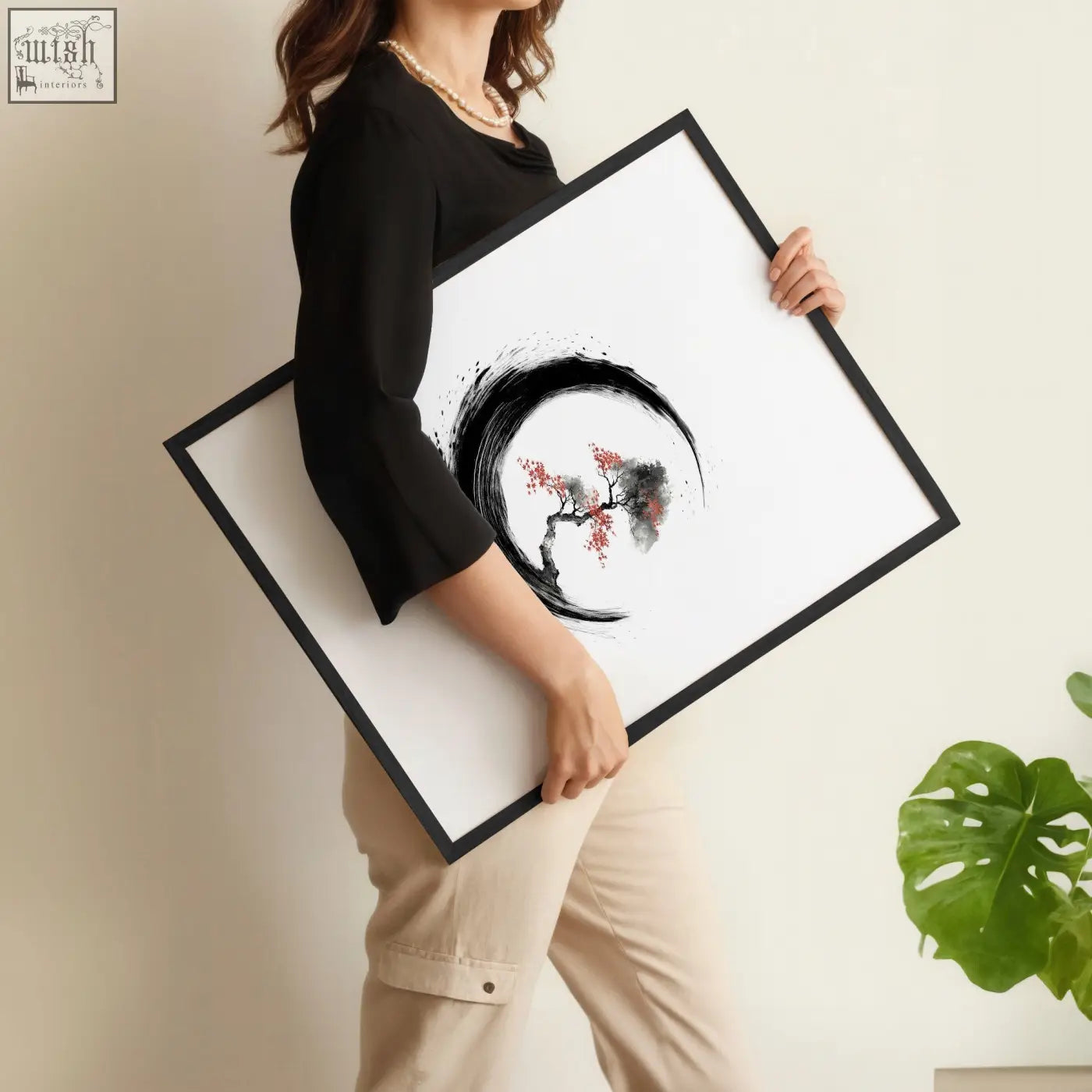 Large painting set of 3 black-framed japandi enso circle ink art prints with red blossoms for living room wall decor