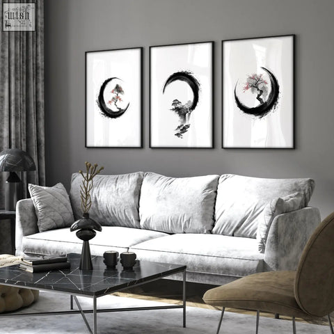 Set of three large black and white ink wall art prints featuring stylized trees in crescent moons for living room decor