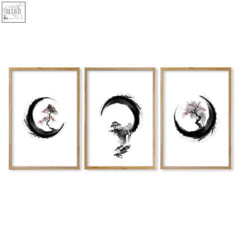 Set of three large living room art prints with minimalist ink-wash landscapes in black crescent frames and light wood borders