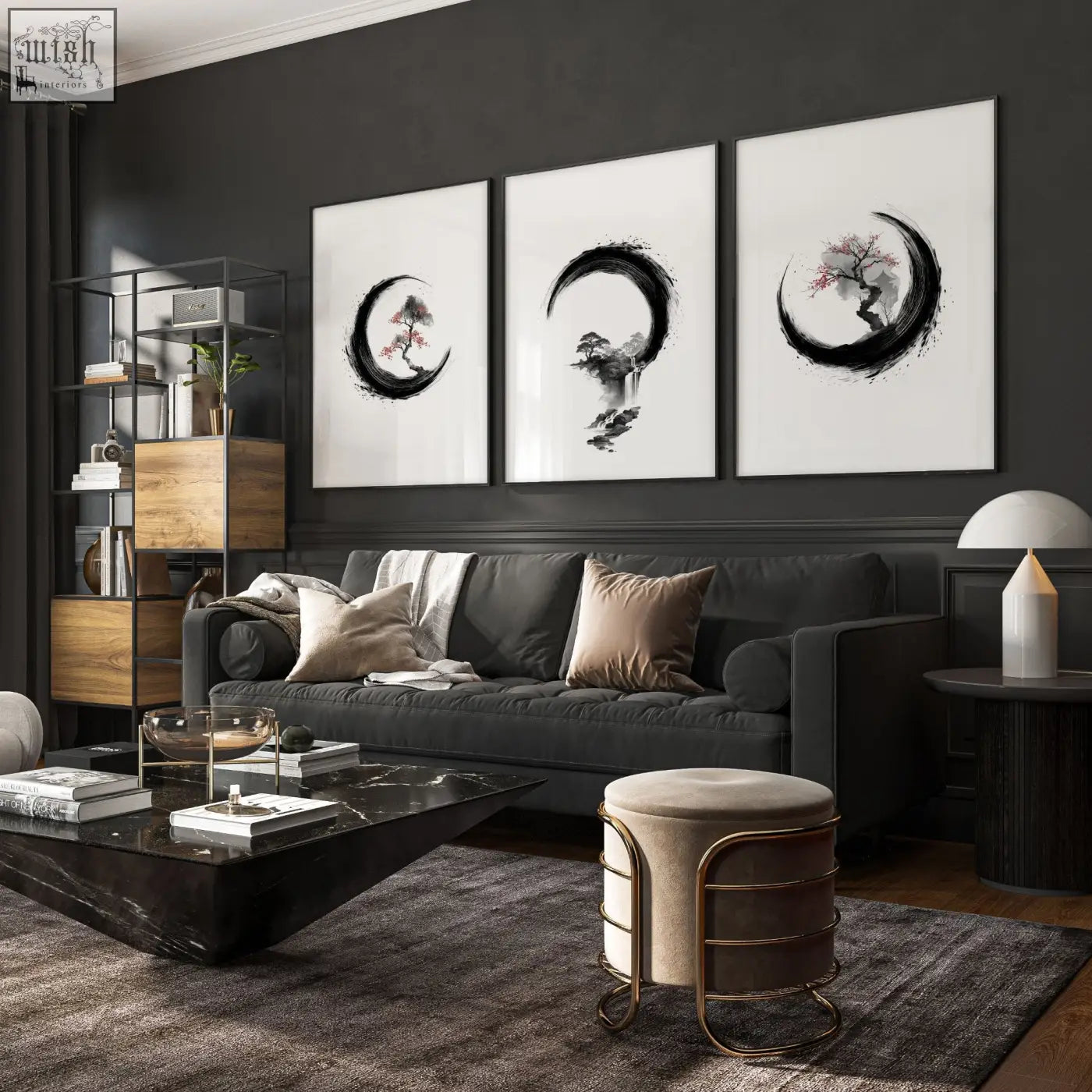 Dark gray upholstered sofa with beige taupe throw pillows in a living room with large japandi enso circle art prints set of 3