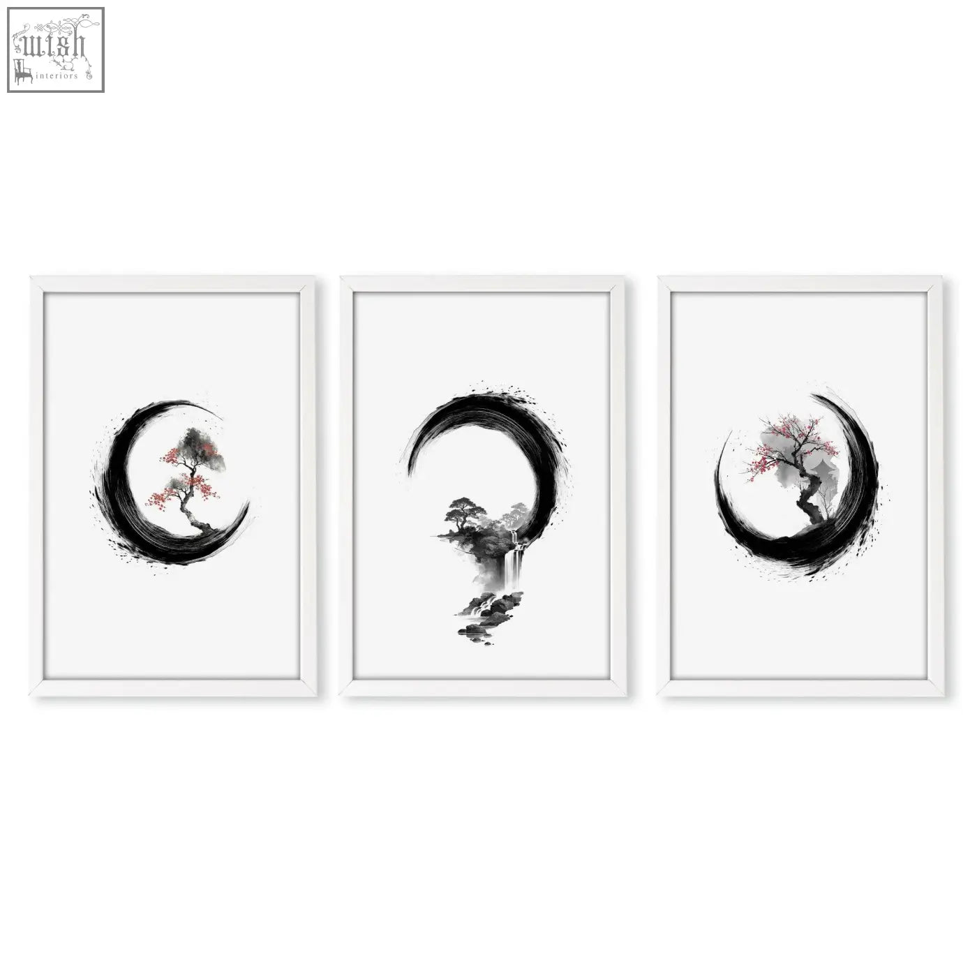Set of 3 large ink wall art prints with black crescent brushstrokes and pink blossoms for living room decor