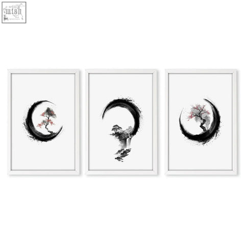 Set of 3 large ink wall art prints with black crescent brushstrokes and pink blossoms for living room decor