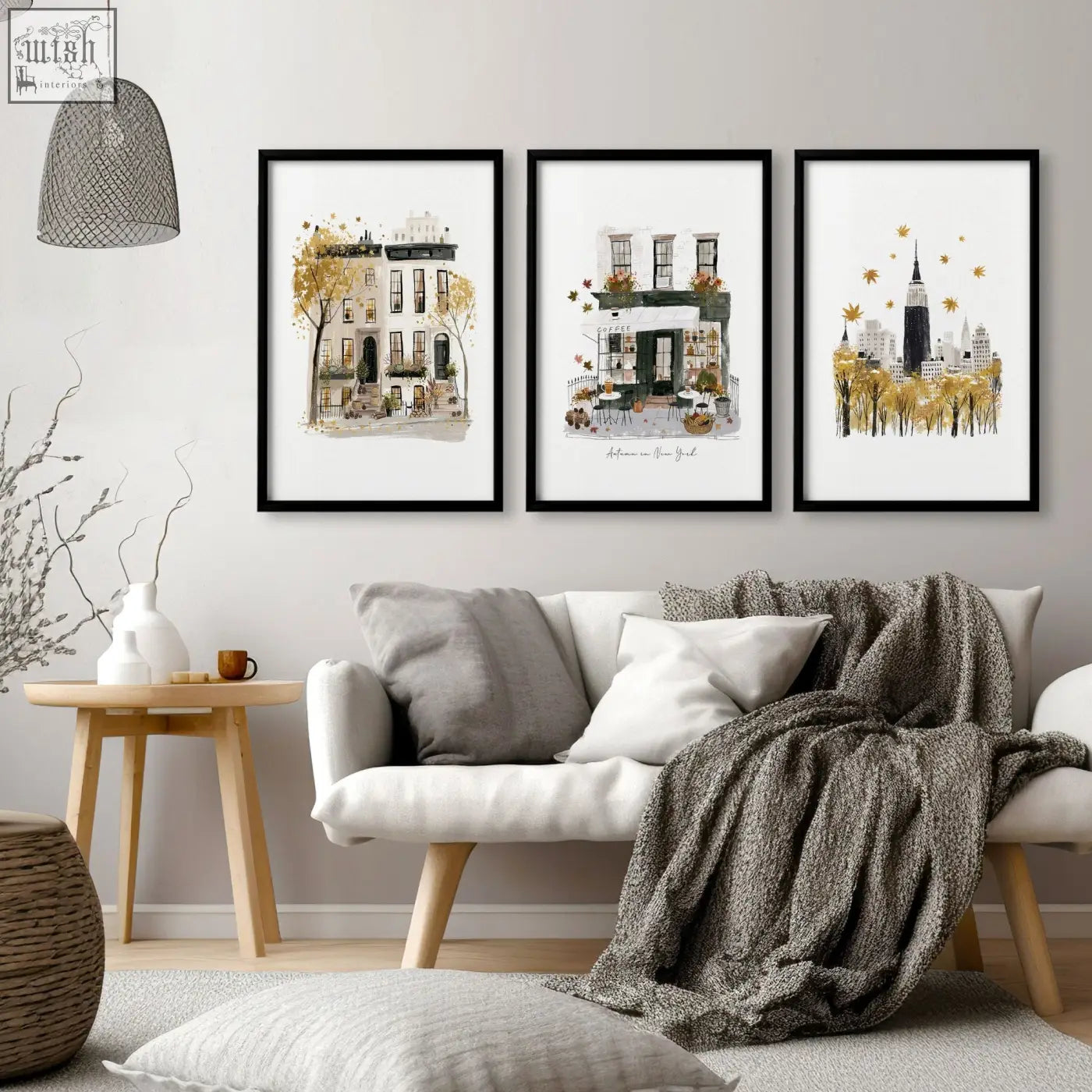 Three framed watercolor cityscape prints with autumnal trees in muted gold green and gray perfect for living room wall art