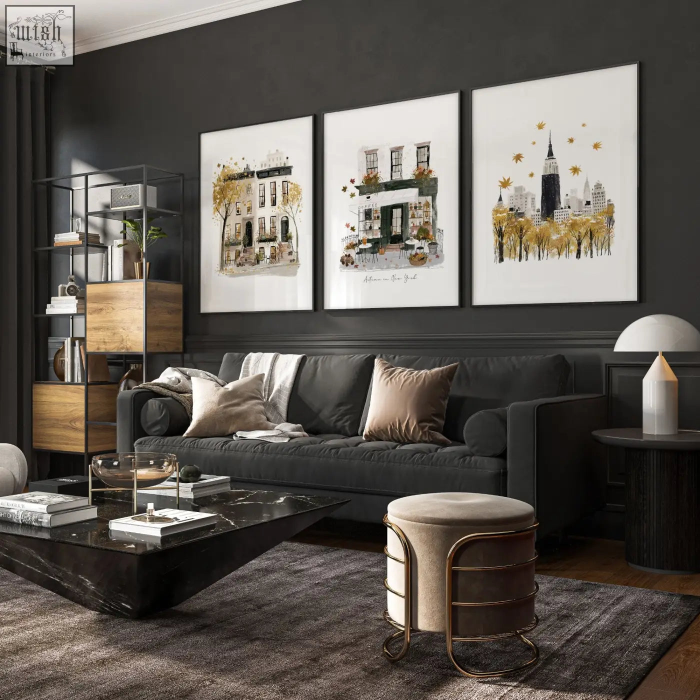 Dark gray upholstered sofa with beige and taupe pillows under autumn in new york living room wall art set of 3