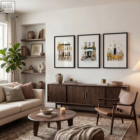 Three large watercolor cityscape paintings with black frames and gold accents as living room wall art above sideboard