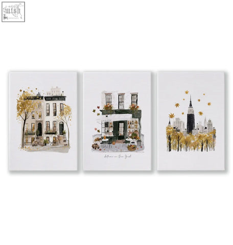 Set of three large canvas paintings with autumnal yellow leaves and new york architecture wall art for living room wall